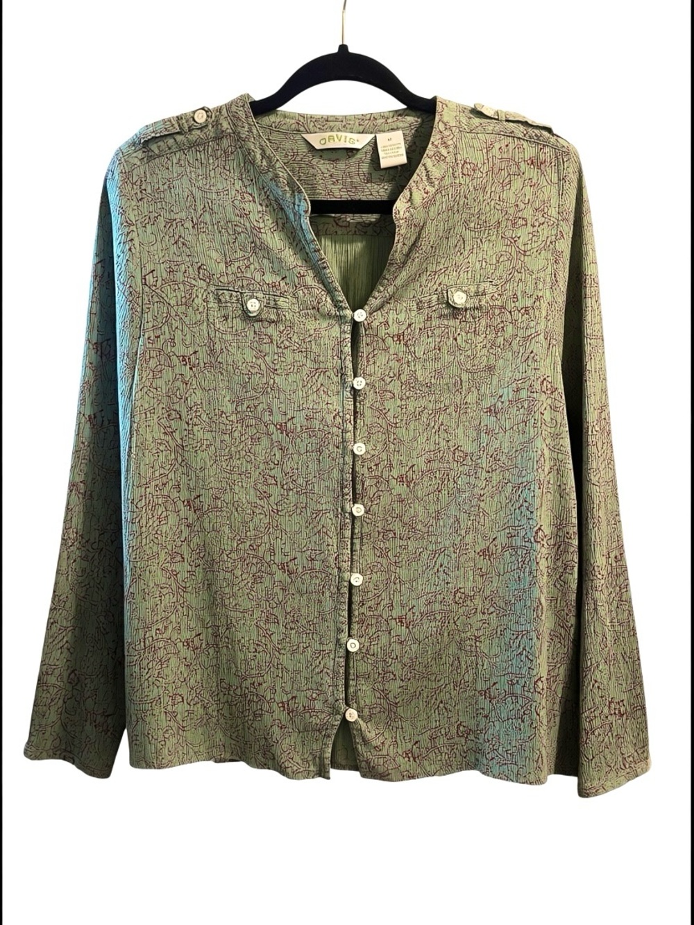 Orvis Mint Green Button-Up Shirt with Rust Print